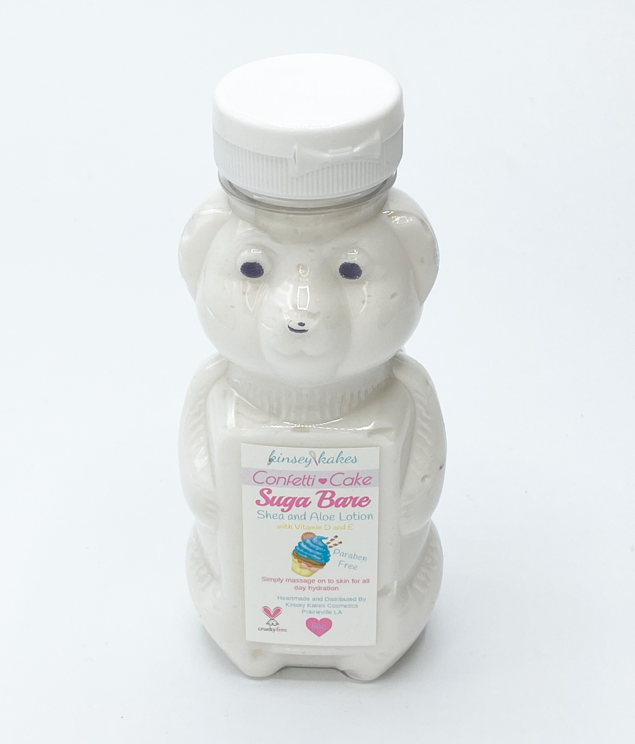 Suga Bare Confetti Cake scent Lotion in honey bear bottle - front