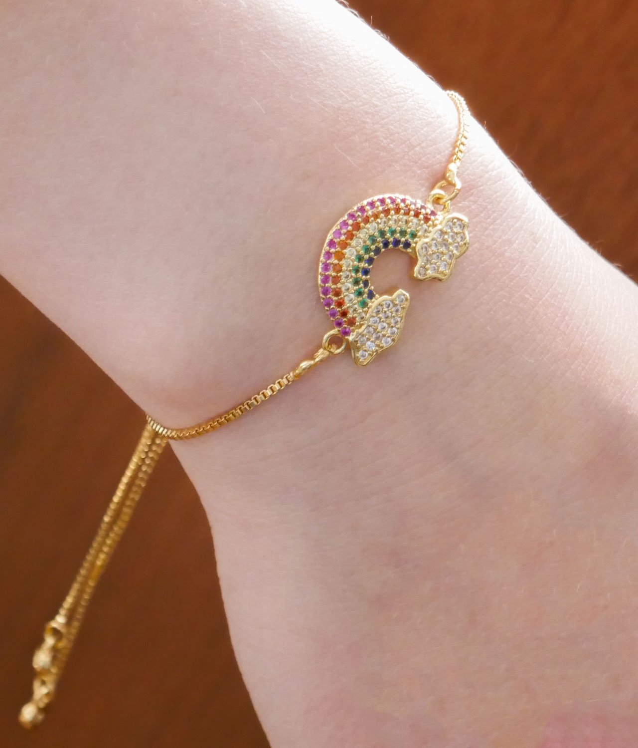 Adjustable Gold Rainbow Bracelet on Girls Wrist
