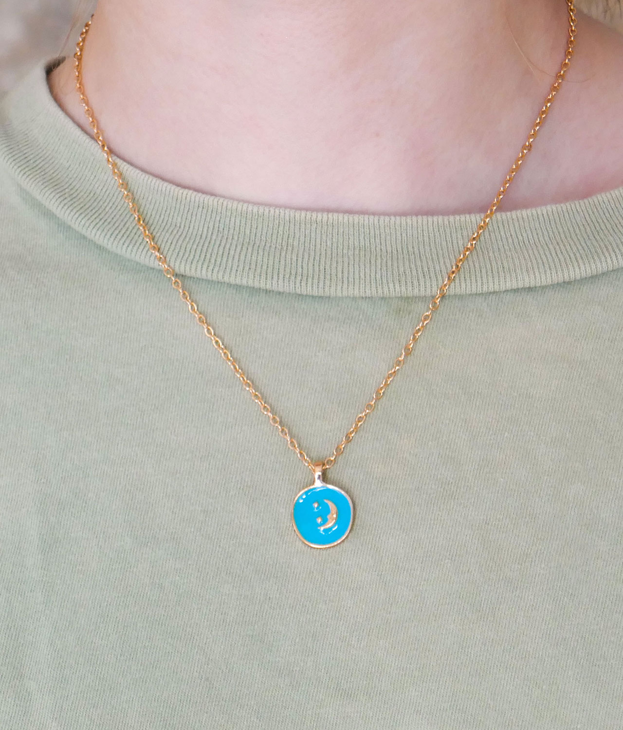 Turquoise Enamel Moon Pendant Necklace on Girl