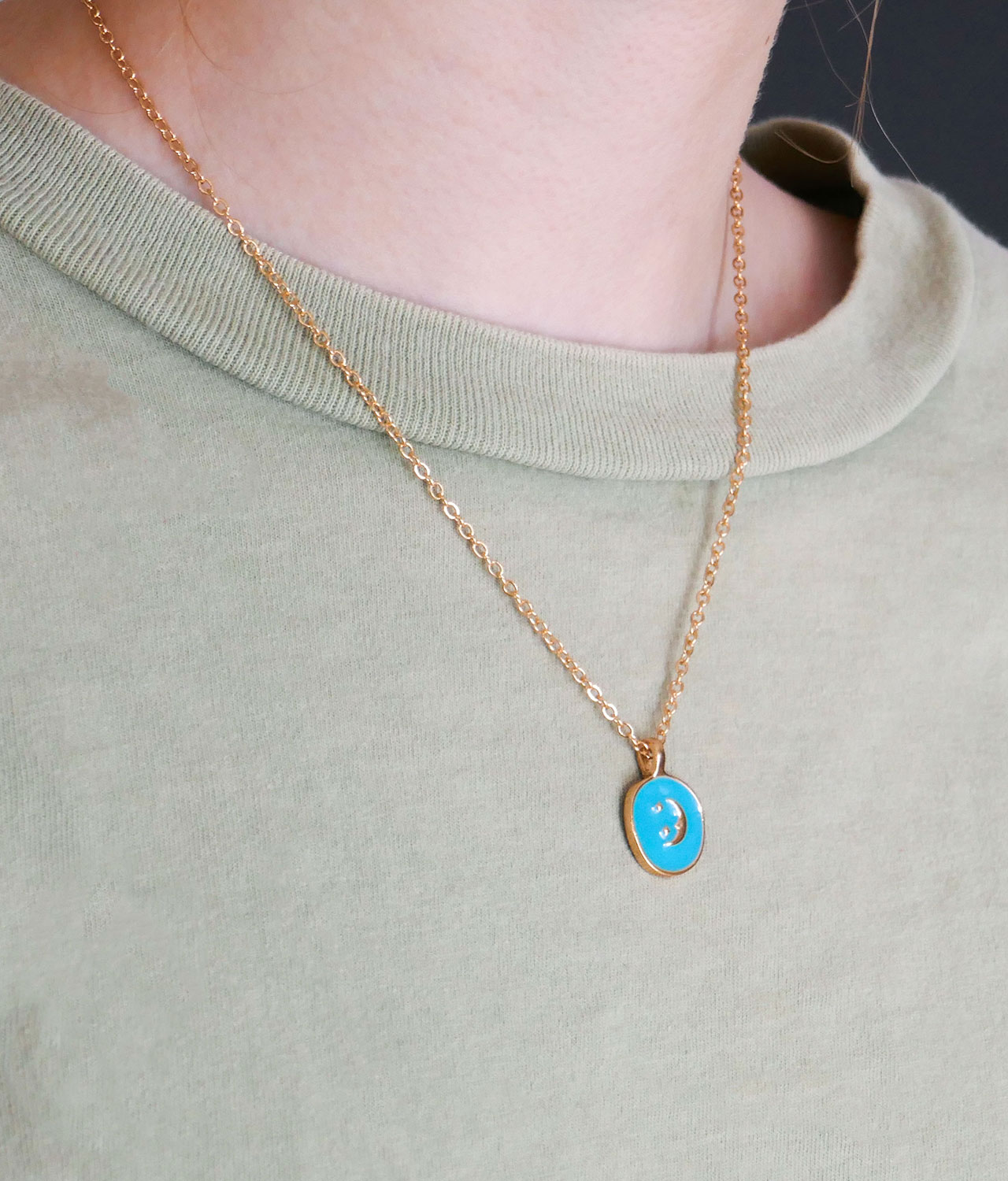 Turquoise Enamel Moon Pendant Necklace on Girl