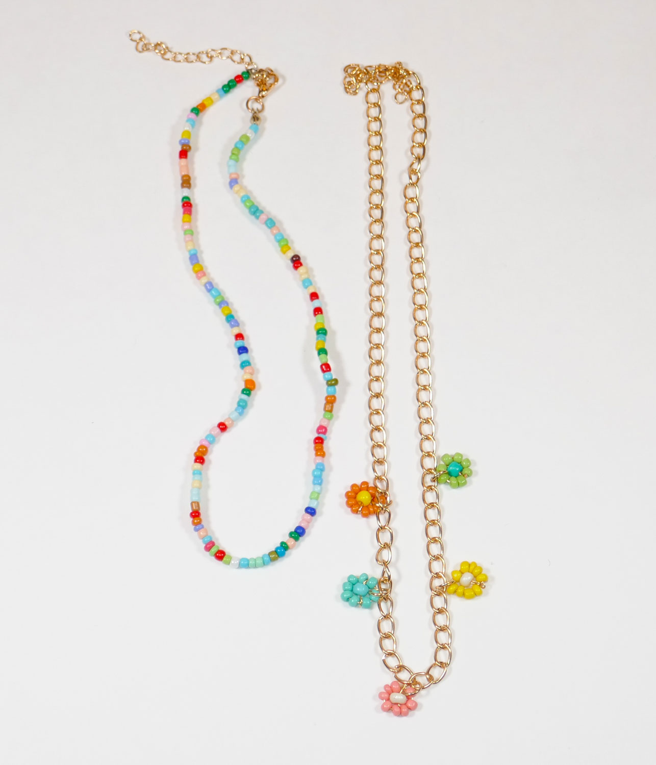 Double Strand Seedbead and Gold Chain Flower Drop Necklace