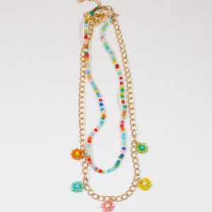 Double Strand Seedbead and Gold Chain Flower Drop Necklace