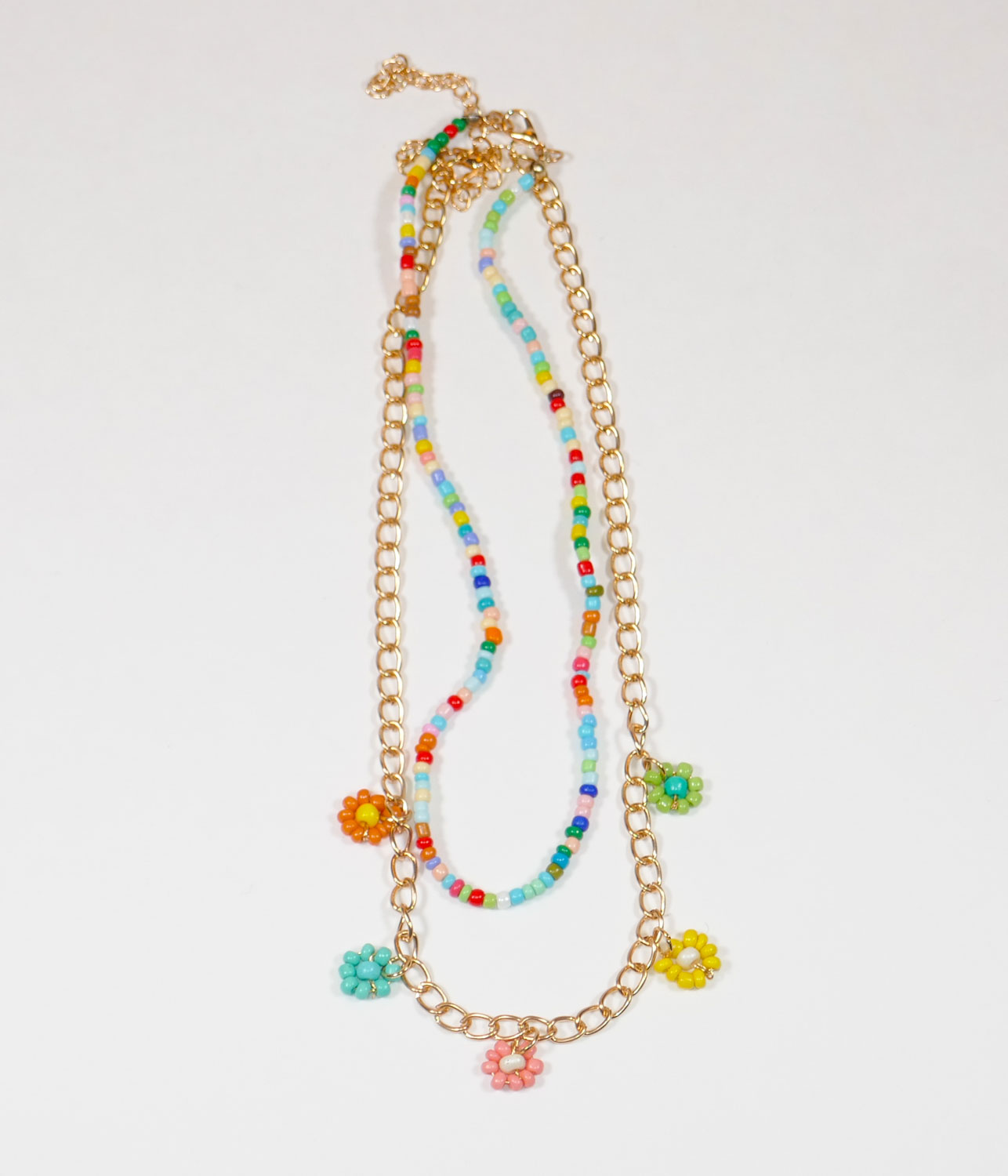 Double Strand Seedbead and Gold Chain Flower Drop Necklace