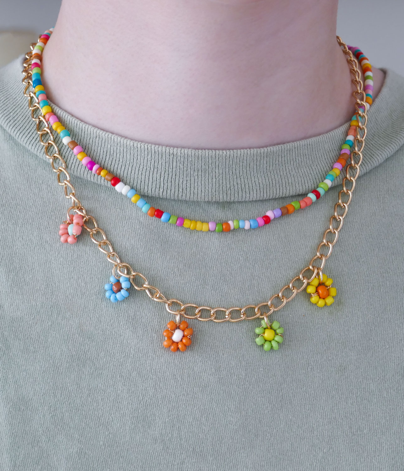 Double Strand Seedbead and Gold Chain Flower Drop Necklace