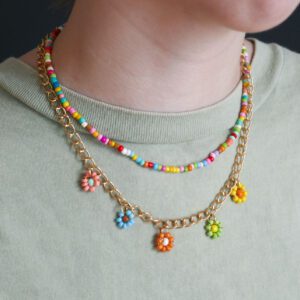 Double Strand Seedbead and Gold Chain Flower Drop Necklace