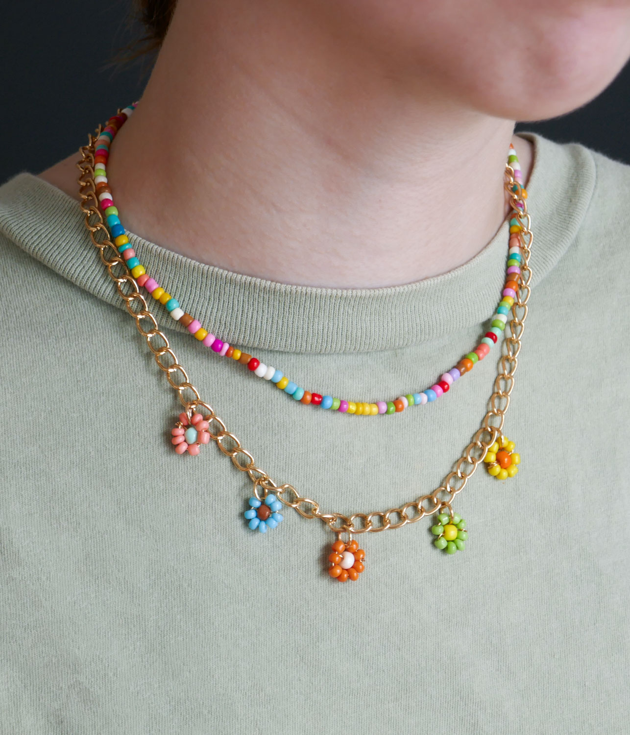 Double Strand Seedbead and Gold Chain Flower Drop Necklace