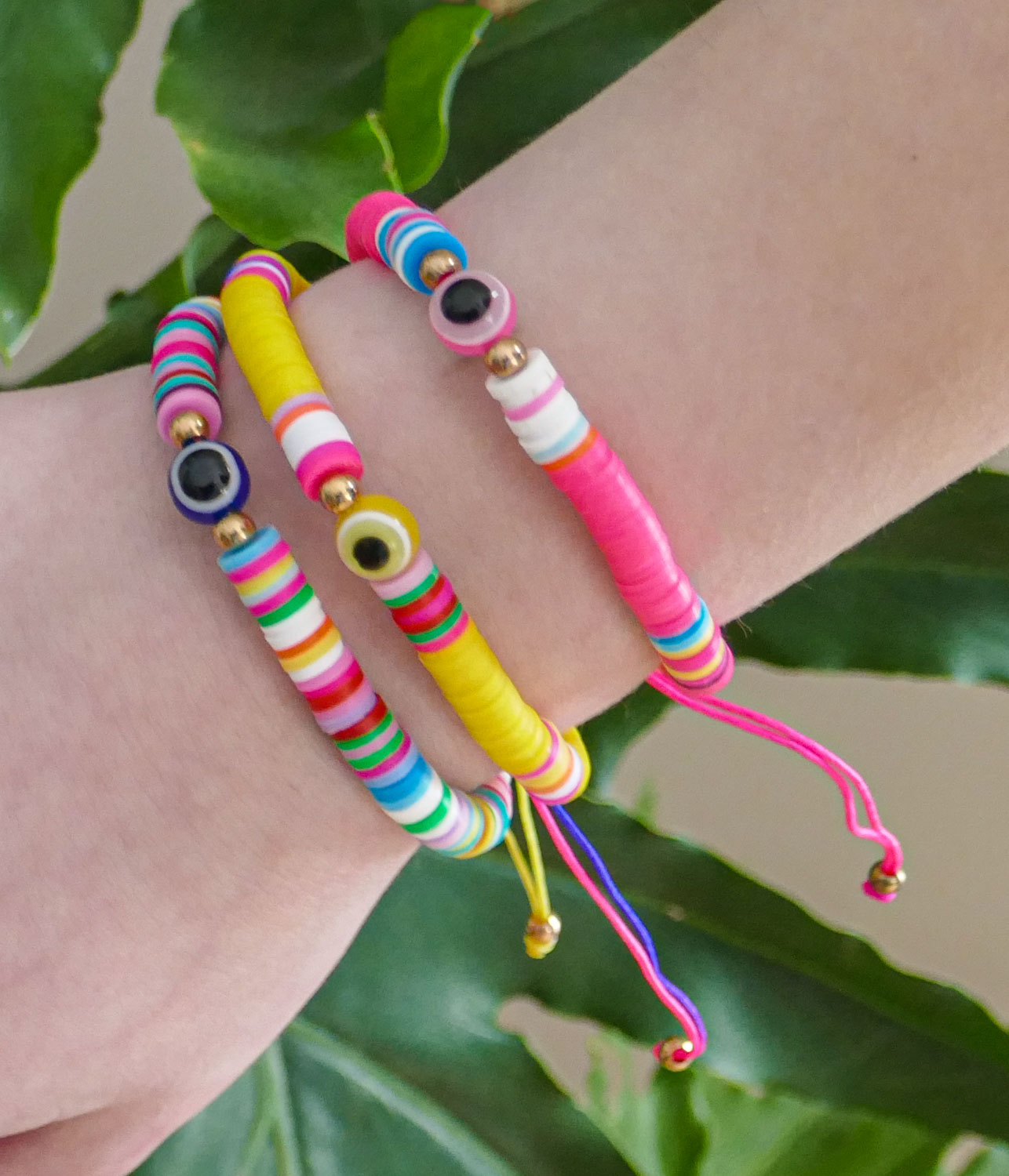 evil eye heishi bead bracelets on tween girl