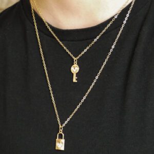 Lock and Key gold necklace on girls neck, beautiful teen jewelry gifts