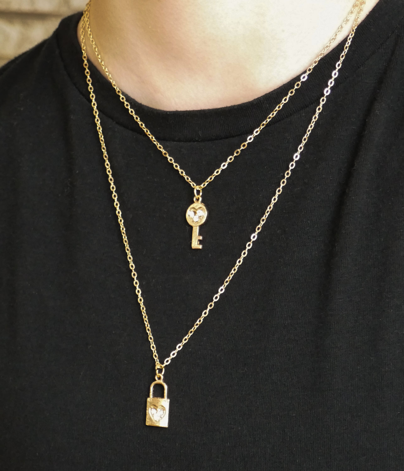 Lock and Key gold necklace on girls neck, beautiful teen jewelry gifts