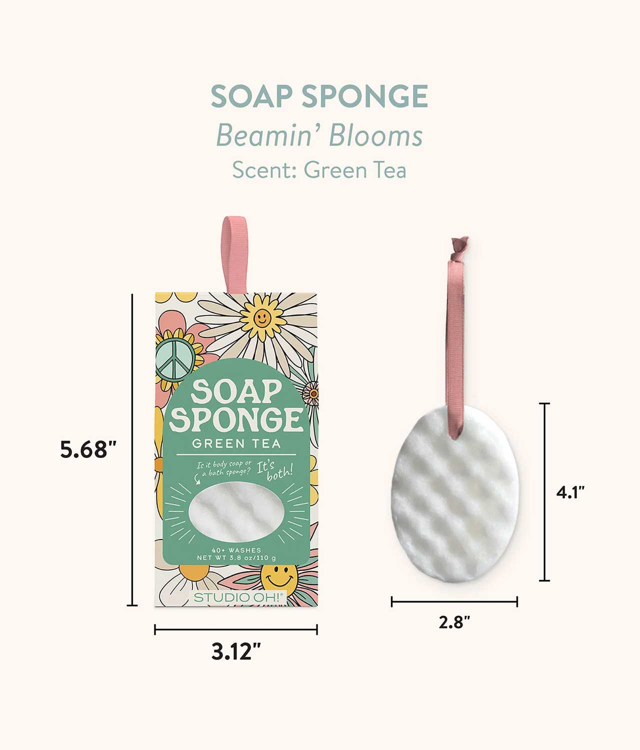 Green Tea Soap Sponge gift Beamin Blooms by Studio Oh - with dimensions