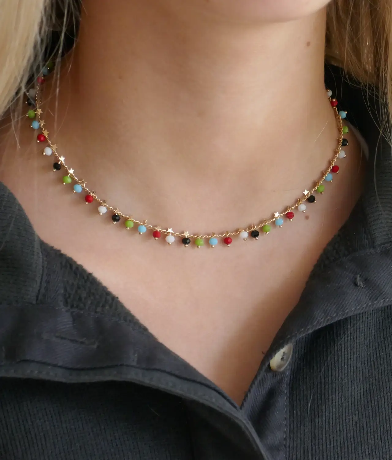 Colored Crystal Dangle Necklace on girls neck