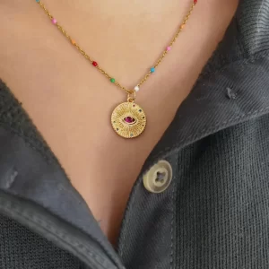 Gold Mandala Evil Eye Necklace - on neck straight on