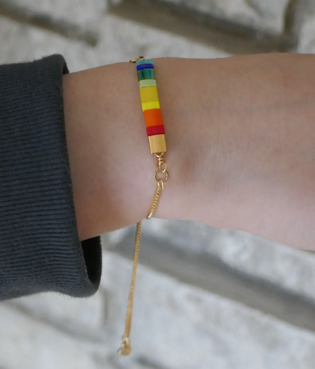 Miyuki Tila Tile Square Glass Bead Bracelet on girls wrist