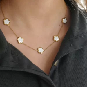 Mother of Pearl and 14k Gold Dipped Blossom Necklace - on girls neck