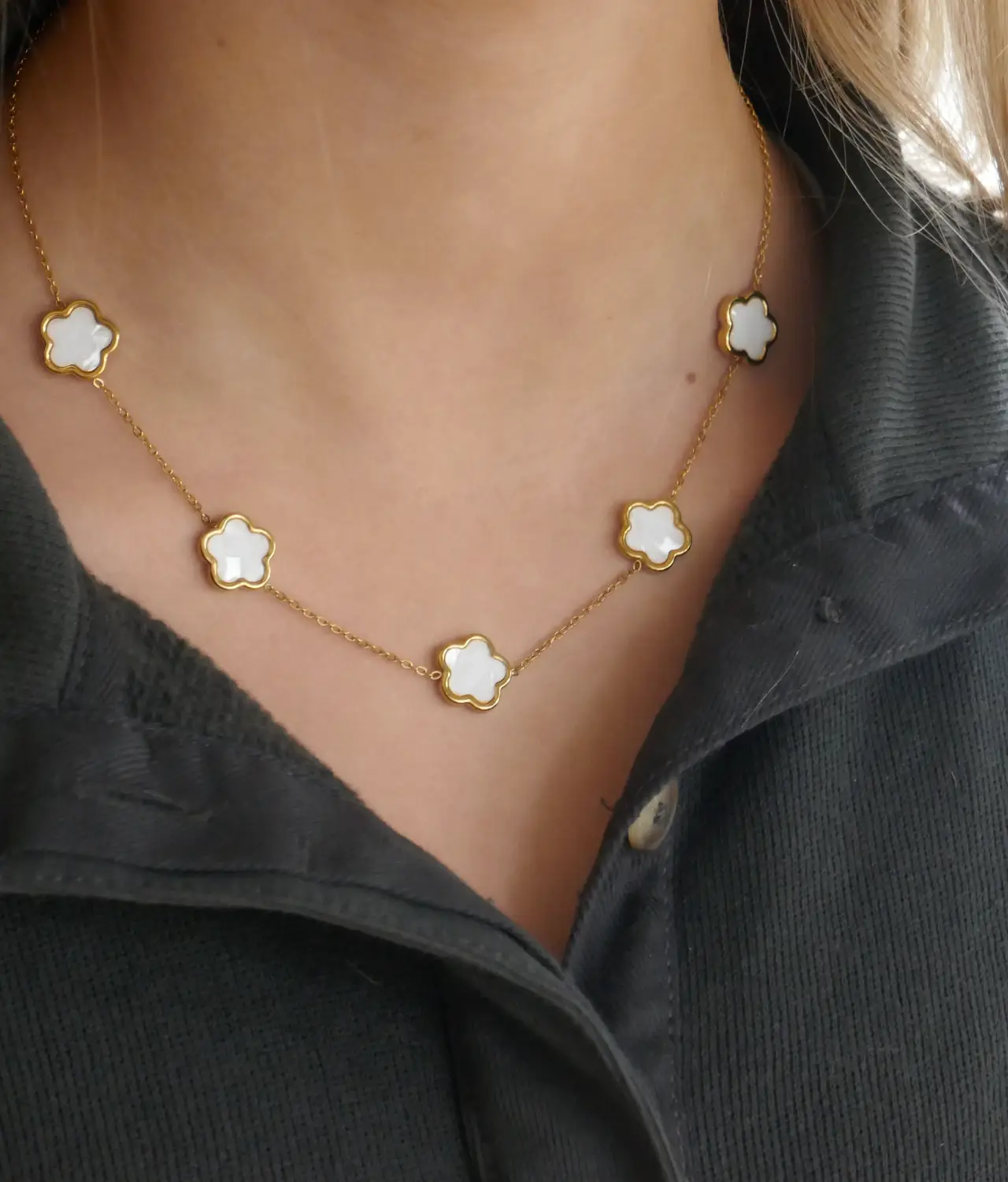 Mother of Pearl and 14k Gold Dipped Blossom Necklace - on girls neck