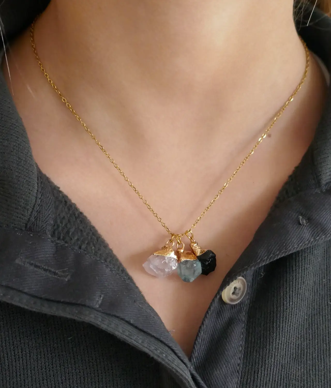 Precious stone necklace for teen and tween girls - green fluorite, rose quartz, black tourmaline