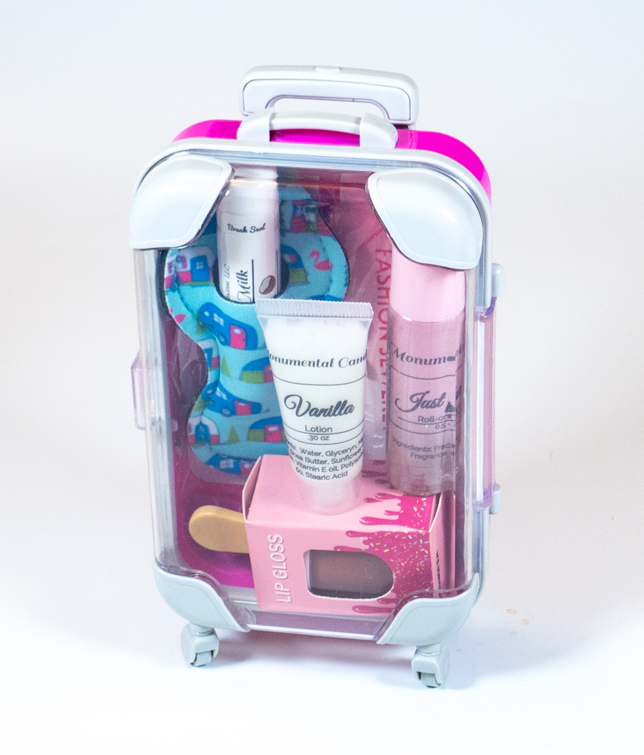 Mini suitcase with bath and body gifts for girls - front view
