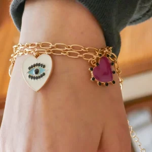 Evil Eye Heart Charm-Gold Bracelet pink heart