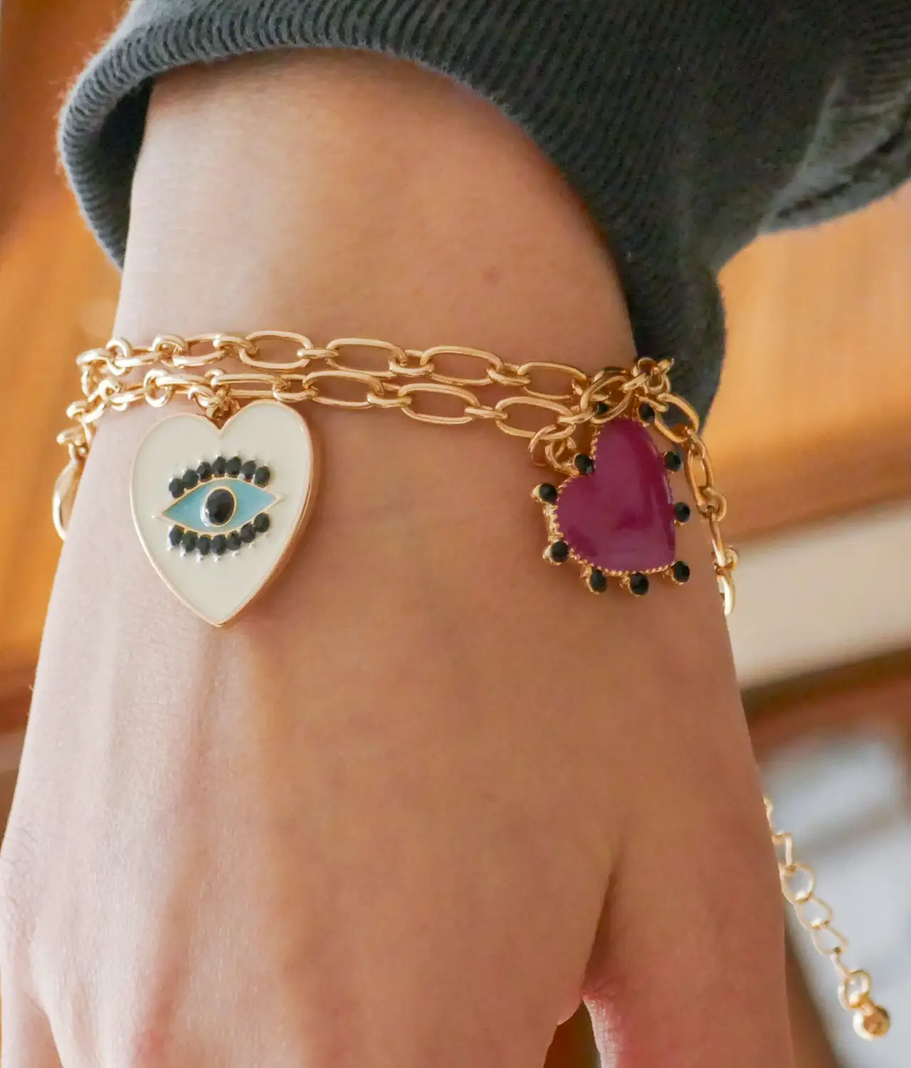 Evil Eye Heart Charm-Gold Bracelet pink heart