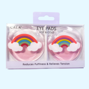 Front of Cala Rainbow Hot & Cold Eye Pads packaging featuring colorful design and self-care gift branding for girls